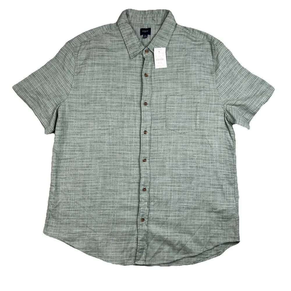 J Crew Mens XL Short Sleeve‎ Slub Dobby Shirt Sage Green Woven Button Up Resort